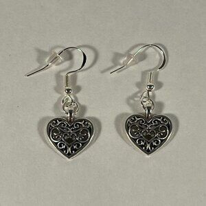 Ornate Silver Heart Dangle Earrings NWT